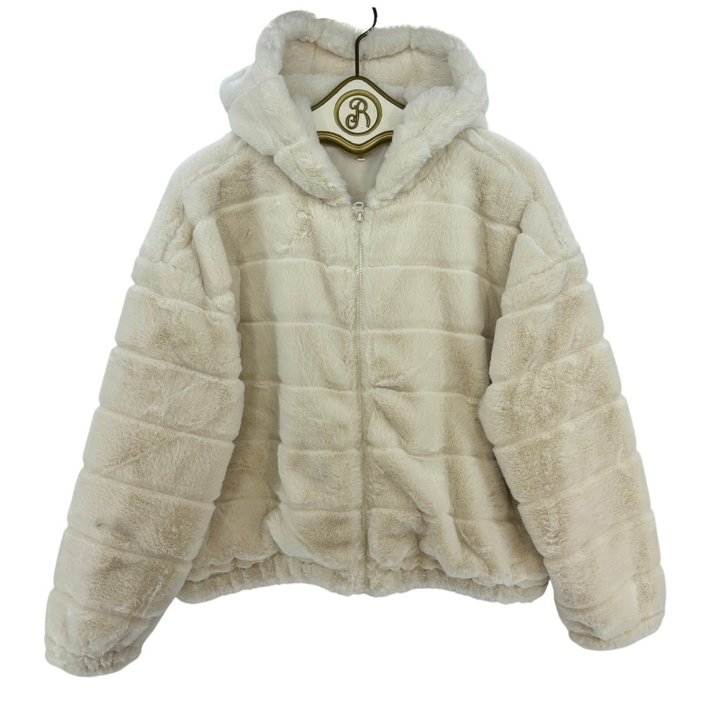 Stella Tweed Faux Fur Jacket XL Ivory Cropped Hooded Zip Up Coat Mob Wife Glam